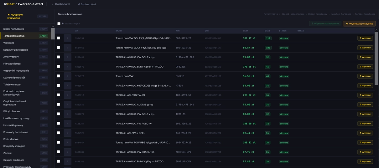 Panel integratora do tworzenia i masowego wystawiania ofert na InPost Buy