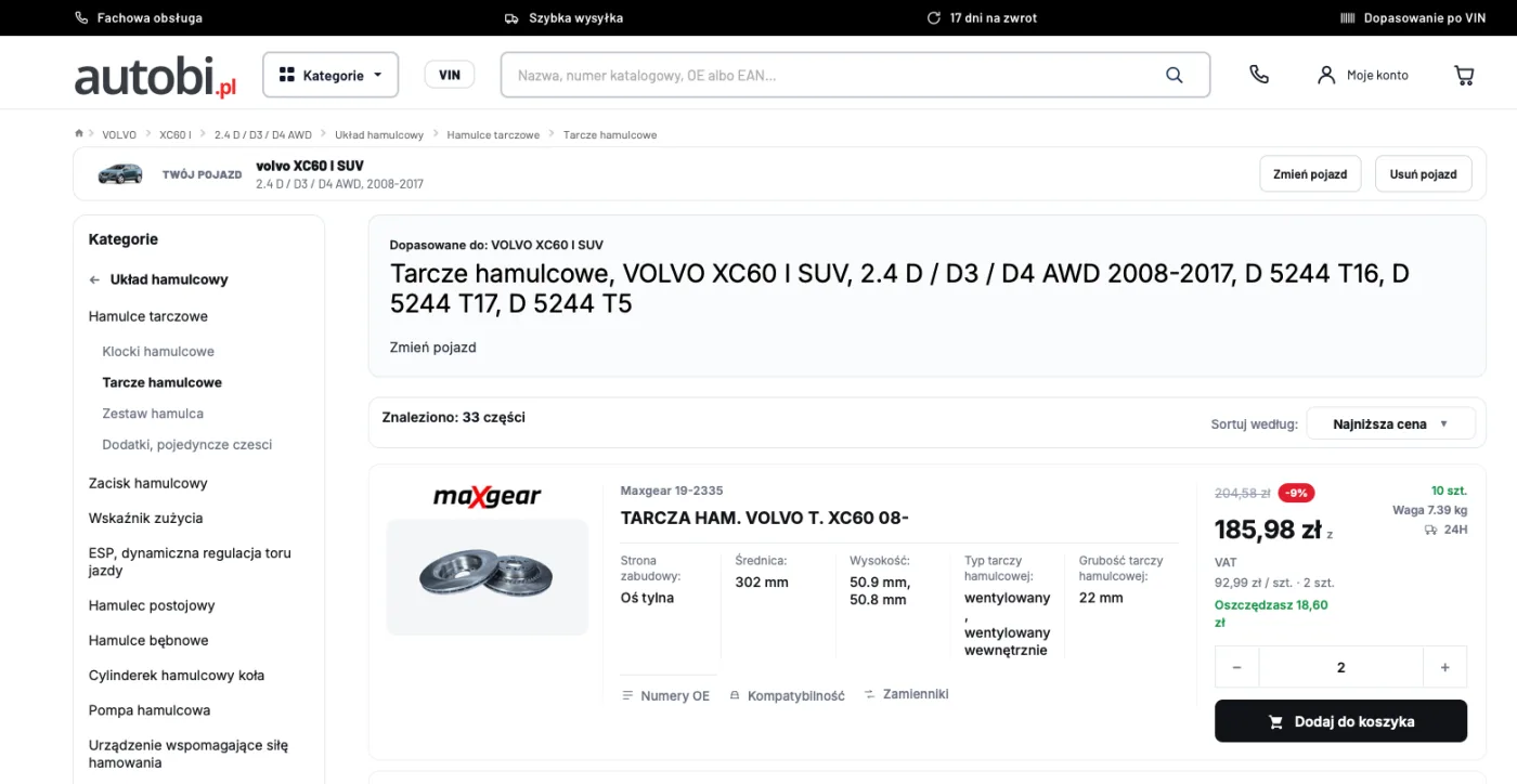 Lista tarcz hamulcowych zawężona do Volvo XC60, z kryteriami technicznymi przy każdej pozycji