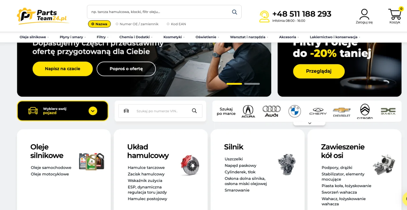 PartsTeam24.pl — wyszukiwanie po nazwie, numerze OE lub kodzie EAN, wybór pojazdu i VIN
